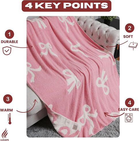 Bow Blanket Pink Bows Soft Throw Blanket Reversible Premium Cozy Fabric for Best Comfort - for Infant,Toddler,Newborn,Nursery,Girl,Throw,Crib,Stroller,Gift, Pink Bows (Pink Bows, 30x40 in) in Kuwait
