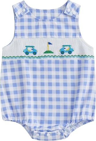 BeQeuewll Summer Baby Clothes Newborn Boy Girl Smocked Bubble Romper Plaid Overall Infant Jumpsuit One Piece Outfit in Kuwait