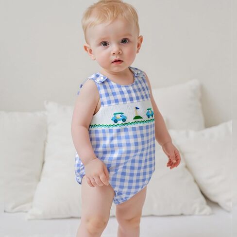 BeQeuewll Summer Baby Clothes Newborn Boy Girl Smocked Bubble Romper Plaid Overall Infant Jumpsuit One Piece Outfit in Kuwait
