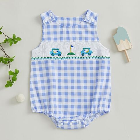 BeQeuewll Summer Baby Clothes Newborn Boy Girl Smocked Bubble Romper Plaid Overall Infant Jumpsuit One Piece Outfit in Kuwait
