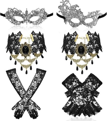 6 Pcs Masquerraders Mask Set Halloween Jewelry for Women Black Lace Eyemask Necklace Gloves Costume Accessories Party in Saudi Arabia