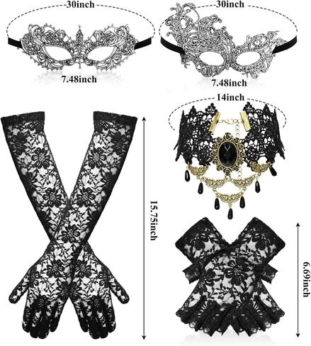 6 Pcs Masquerraders Mask Set Halloween Jewelry for Women Black Lace Eyemask Necklace Gloves Costume Accessories Party in Saudi Arabia