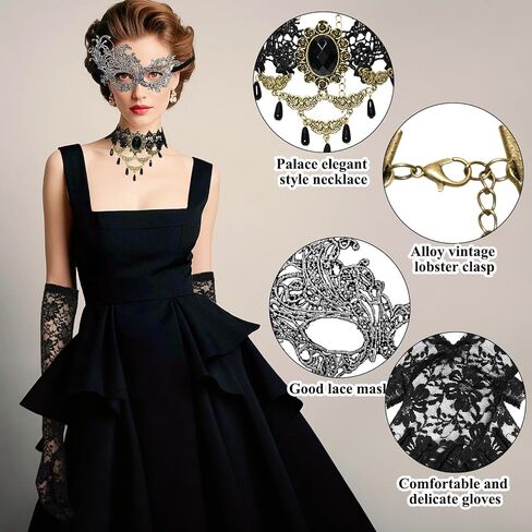 6 Pcs Masquerraders Mask Set Halloween Jewelry for Women Black Lace Eyemask Necklace Gloves Costume Accessories Party in Saudi Arabia