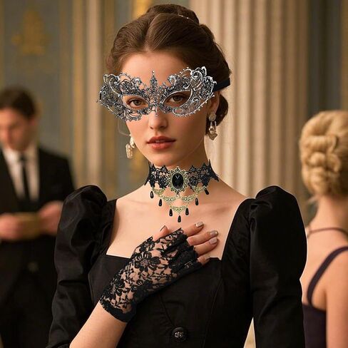 6 Pcs Masquerraders Mask Set Halloween Jewelry for Women Black Lace Eyemask Necklace Gloves Costume Accessories Party in Saudi Arabia