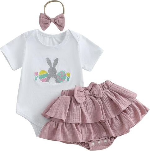 Newborn Baby Girl Easter Outfits Cute Short Sleeve Bunny Romper Ruffle Plaid Skirt Dress Infant Easter Clothes in Kuwait