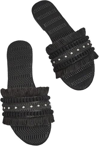 OYOANGLE Women's Fringe Straw Sandals Crochet Open Toe Single Band Flat Slip On Sandals in Kuwait