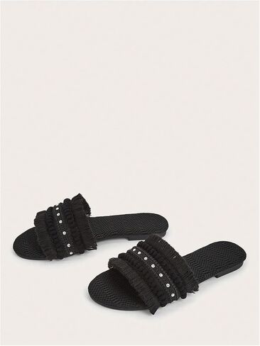 OYOANGLE Women's Fringe Straw Sandals Crochet Open Toe Single Band Flat Slip On Sandals in Kuwait
