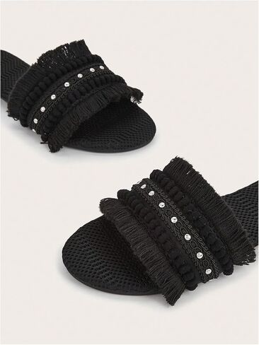 OYOANGLE Women's Fringe Straw Sandals Crochet Open Toe Single Band Flat Slip On Sandals in Kuwait