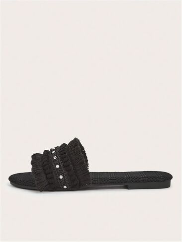 OYOANGLE Women's Fringe Straw Sandals Crochet Open Toe Single Band Flat Slip On Sandals in Kuwait