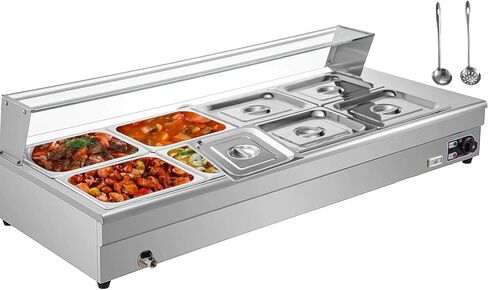 VEVOR 110V Bain Marie Food Warmer 6 Pan x 1/2 GN، طاولة بخار للأغذية التجارية من الفولاذ المقاوم للصدأ بدرجة الطعام، عمق 6 بوصات، سخان طعام كهربائي 1500 وات 66 كوارت مع درع زجاجي مقسى in Kuwait