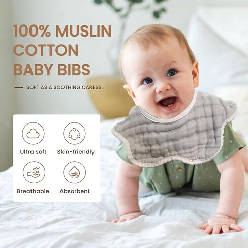 MUKIN Soft Cotton Muslin Baby Bibs 6 Pack | Adjustable Snap Closure for Newborns| Absorbent for Drooling, Teething & Feeding in Saudi Arabia