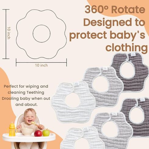 MUKIN Soft Cotton Muslin Baby Bibs 6 Pack | Adjustable Snap Closure for Newborns| Absorbent for Drooling, Teething & Feeding in Saudi Arabia
