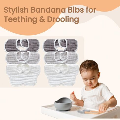 MUKIN Soft Cotton Muslin Baby Bibs 6 Pack | Adjustable Snap Closure for Newborns| Absorbent for Drooling, Teething & Feeding in Saudi Arabia