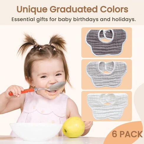 MUKIN Soft Cotton Muslin Baby Bibs 6 Pack | Adjustable Snap Closure for Newborns| Absorbent for Drooling, Teething & Feeding in Saudi Arabia
