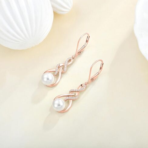 Infinity Pearl Drop Earrings 925 Sterling Silver Dangle Leverback Earrings with 7MM Pearl Jewelry for Women in Kuwait