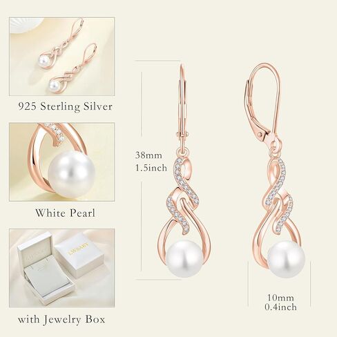 Infinity Pearl Drop Earrings 925 Sterling Silver Dangle Leverback Earrings with 7MM Pearl Jewelry for Women in Kuwait