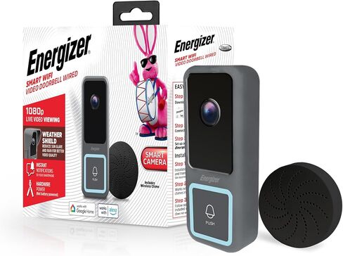 Energizer Smart Doorbell & Chime ، Wired 1080p Camera Doorbell Security Camera ، صوت ثنائي الاتجاه ، الرؤية الليلية ، تخزين السحابة والبطاقات ، يعمل مع Alexa & Google Home ، مستشعر الحركة ، يتطلب الأسلاك الحالية in Kuwait
