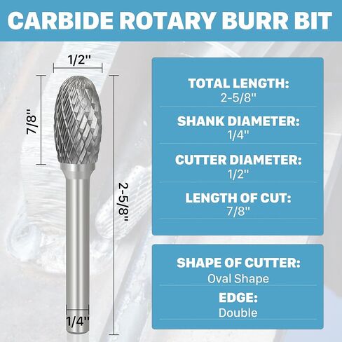 KEENTECH Burr Bits Tungsten Carbide, 1/4" Shank Die Grinder Bit, SA-5 Cutting Burrs with Storage Case, Double-Cut Cylinder Shape Rotary File for Hard Metal, 1/2" Cutting Dia. x 1" Cutting Length in Kuwait