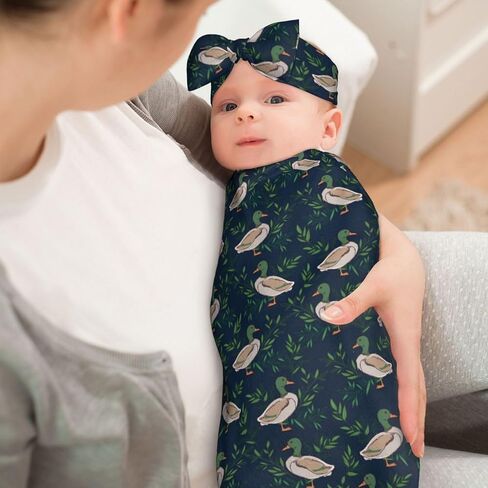 KiuLoam Cute Farm Animal Mallard Duck Newborn Swaddle Set with Matching Hat, Newborn Receiving Blanket Soft Unisex Infant Swaddle Wrap for Baby Boys and Girls in Kuwait