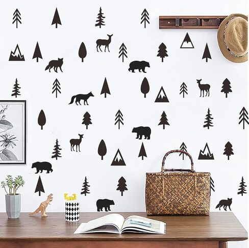 Woodland Animal Wall Decals Vinyl Pine Tree Wall Stickers Forest Animal Wall Stickers Mountain Small Tree Animals Deer Bear Wolf Woodland Wall Decals for Nursery Bedroom Kids Room Decor in Kuwait