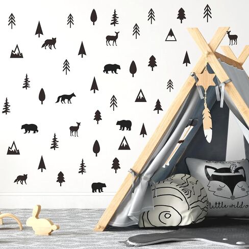 Woodland Animal Wall Decals Vinyl Pine Tree Wall Stickers Forest Animal Wall Stickers Mountain Small Tree Animals Deer Bear Wolf Woodland Wall Decals for Nursery Bedroom Kids Room Decor in Kuwait