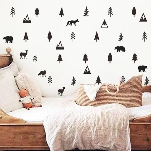Woodland Animal Wall Decals Vinyl Pine Tree Wall Stickers Forest Animal Wall Stickers Mountain Small Tree Animals Deer Bear Wolf Woodland Wall Decals for Nursery Bedroom Kids Room Decor in Kuwait