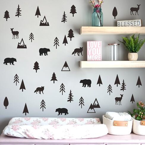 Woodland Animal Wall Decals Vinyl Pine Tree Wall Stickers Forest Animal Wall Stickers Mountain Small Tree Animals Deer Bear Wolf Woodland Wall Decals for Nursery Bedroom Kids Room Decor in Kuwait