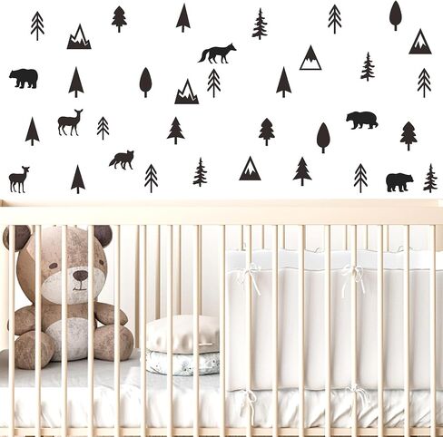 Woodland Animal Wall Decals Vinyl Pine Tree Wall Stickers Forest Animal Wall Stickers Mountain Small Tree Animals Deer Bear Wolf Woodland Wall Decals for Nursery Bedroom Kids Room Decor in Kuwait