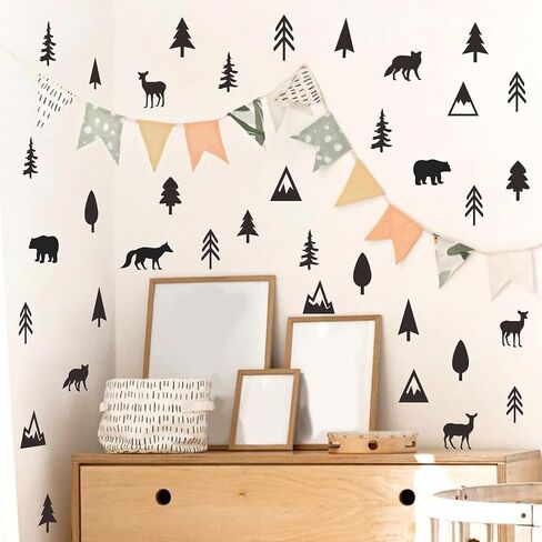 Woodland Animal Wall Decals Vinyl Pine Tree Wall Stickers Forest Animal Wall Stickers Mountain Small Tree Animals Deer Bear Wolf Woodland Wall Decals for Nursery Bedroom Kids Room Decor in Kuwait