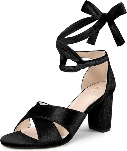 Perphy Velvet Chunky Heel Cross Strap Lace Up Sandals for Women in Kuwait