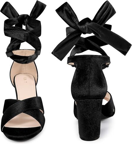 Perphy Velvet Chunky Heel Cross Strap Lace Up Sandals for Women in Kuwait