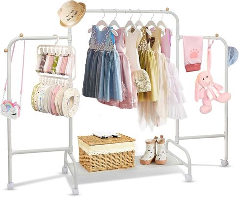 Kids Clothing Rack, Dress Up Rack with 4 Wheels and Bottom Storage Shelf, Small Toddler Garment Rack for Hanging Dressers, Skirts, Dance Costume, Baby Clothes Rack for Girls Gifts, White in Kuwait