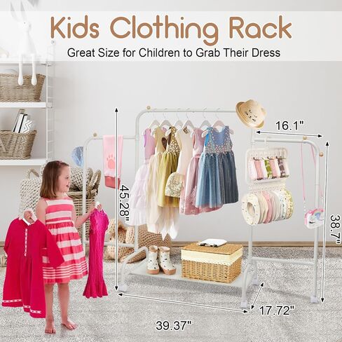 Kids Clothing Rack, Dress Up Rack with 4 Wheels and Bottom Storage Shelf, Small Toddler Garment Rack for Hanging Dressers, Skirts, Dance Costume, Baby Clothes Rack for Girls Gifts, White in Kuwait