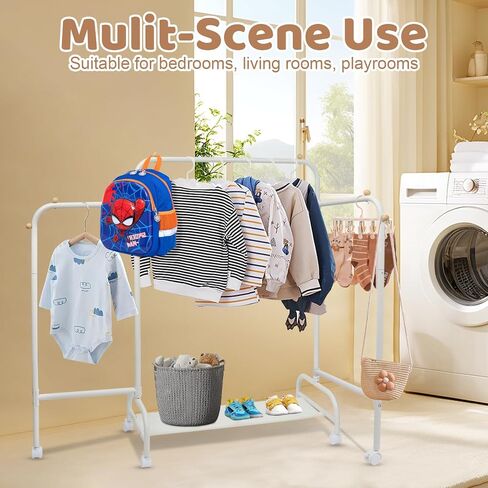 Kids Clothing Rack, Dress Up Rack with 4 Wheels and Bottom Storage Shelf, Small Toddler Garment Rack for Hanging Dressers, Skirts, Dance Costume, Baby Clothes Rack for Girls Gifts, White in Kuwait