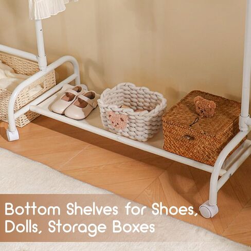 Kids Clothing Rack, Dress Up Rack with 4 Wheels and Bottom Storage Shelf, Small Toddler Garment Rack for Hanging Dressers, Skirts, Dance Costume, Baby Clothes Rack for Girls Gifts, White in Kuwait