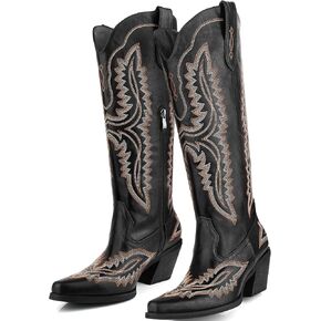 Wide Calf Embroidered Cowboy Boots Women Tall Western Cowgirl Boots With Side Half Zip Pointed Toe Cowgirl Boots For Lady Size 7-10