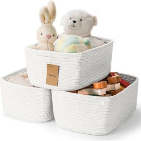 3-Pack Cotton Rope Baskets for Organizing, Fabric Square Storage Baskets, Woven Closet Storage Bin for storage Clothes Toys Books Towels Square Wicker Nursery basket organizer-White