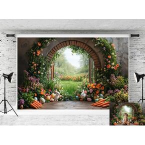 Kate Easter Arch Door Backdrop Colorful Flower Retro Background Egg Carrot Photo Background Studio Props,8x8ft