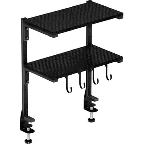 Clamp-on Desk Shelf, 13 inch Above or Below Desk 2-Tier Shelving, Adjustable Metal Storage Tray for Gaming Devices or Office Desk Accessories and More, Brown