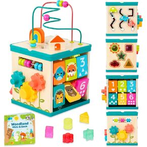 B. toys – Tabletop Activity Cube – Educational Storybook Included – Wooden Shape Sorter, Bead Maze, Animal Tiles – Top Flips for Compact Storage – 12 Months + – Lil' Learning Cube