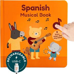 كتب كالي الإسبانية USB C كتاب موسيقي قابل للشحن | كتب الأطفال الإسبانية مع 6 أغنيات | Libros en español para niños y bebes | تعلم اللغة الإسبانية للأطفال | الكتب الموسيقية ثنائية اللغة للأطفال الصغار 1-3