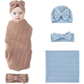 6 Pack 33.5" X 35.5" Baby Receiving Blanket with Matching Headband and Beanie Set Baby Swaddle Blankets for Newborn Boys Girls. (Khaki+Beige)