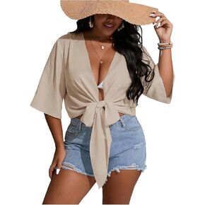 قمصان علوية قصيرة للسيدات من Floerns بمقاس كبير ورباط أمامي نصف كم كيمونو in Kuwait