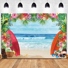 HQM 7x5FT Fabric Summer Tropical Beach Photo Background Beach Conch Hawaii Blue Sea Flower Children Birthday Luau Party Photography Backdrop Kids Baby Shower Cake Table Decor Supplies