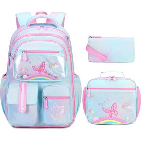 Kids School Backpack for Girls, Bookbag Backpack with Lunch Box & Pencial Pouch Set for Girls Kids Teens Elementary Middle School Student, Girl Backpack for School (Purple Mermaids)