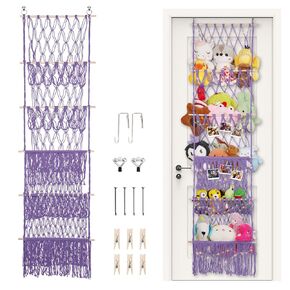 5 Tier Stuffed Animal Storage,Over Door Organizer with LED Light & Clips,Extra Large Boho Stuffed Animal Hammock Corner for Nursery Kids Girls Boys Small Or Large Plushies (yellow)
