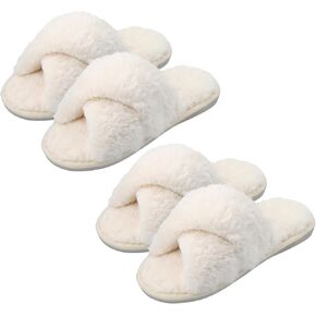 Women's Fuzzy Slippers Cross Band Memory Foam House Slippers Open Toe - MEDIUM, 2 Pairs