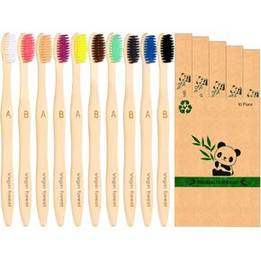 Virgin Forest 10 Pcs Soft Bristles Bamboo Toothbrush, Biodegradable Natural Bamboo Charcoal Toothbrushes, Eco Friendly Color Bristle Wood Tooth Brushes