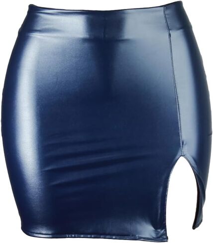 Women PU Leather Bodycon Short Skirt High Waisted Stretchy Asymmetrical Split Hem Hip Wrap Mini Skirt in Kuwait