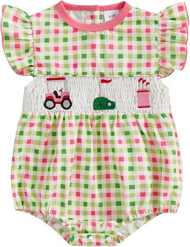 Newborn Baby Girl Golf Outfit Smocked Fly Sleeve Golf Cart Embroidery Bubble Romper Infant Summer Bodysuit T-shirt in Kuwait